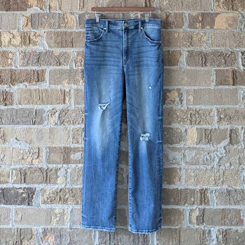 Express Women's High Rise Distressed Straight Leg Jeans - Blue